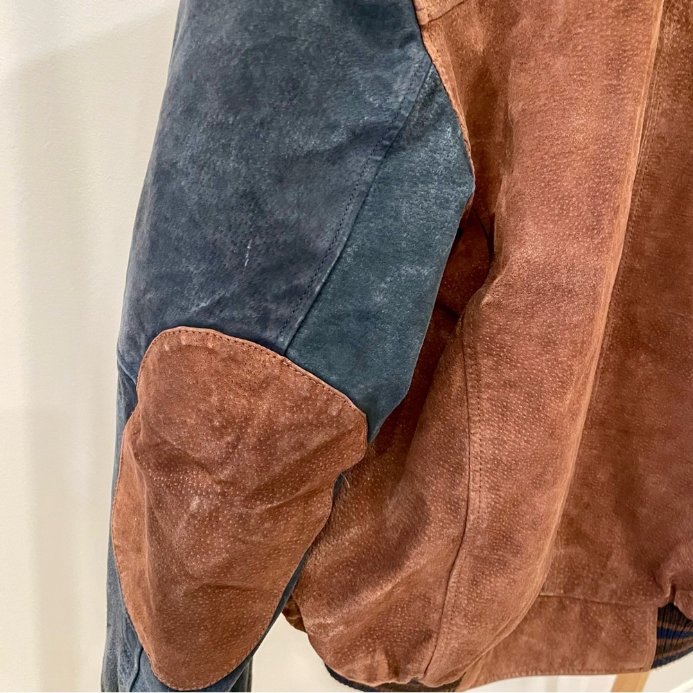 Vintage Suede Leather Varsity Baseball Bomber Jacket in Navy/Caramel Brown - Picture 6 of 6